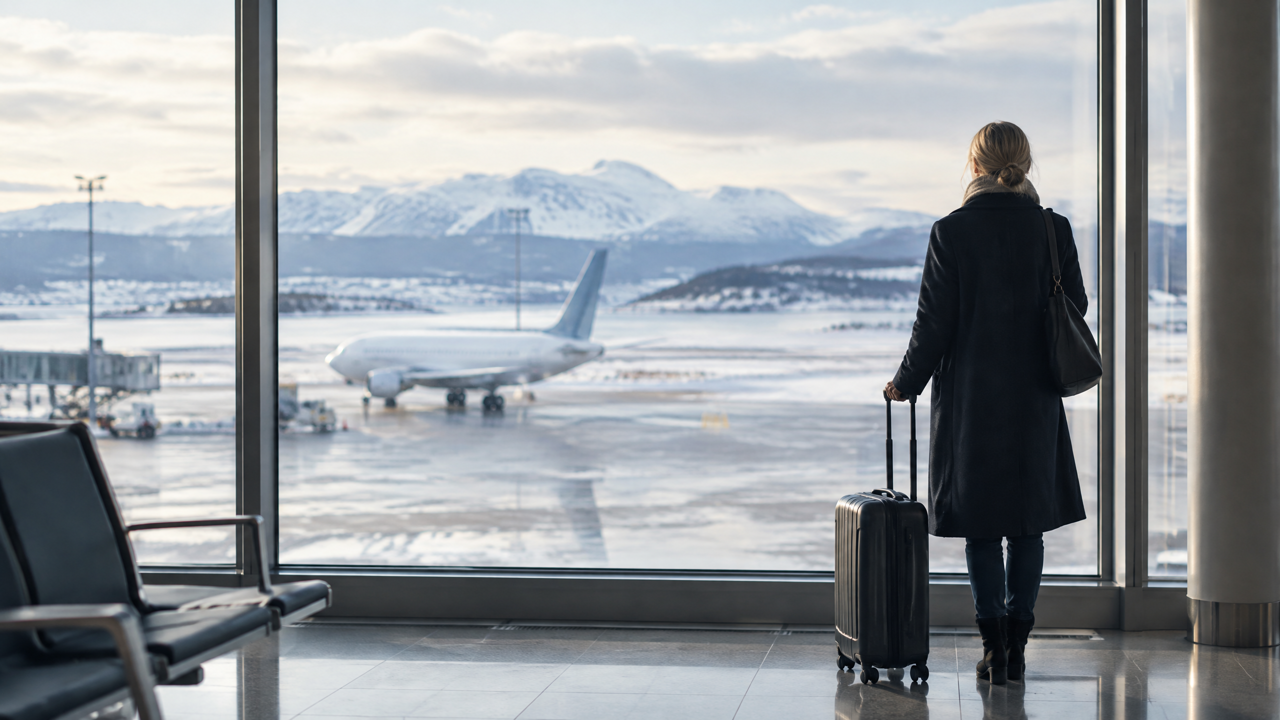 Traveller waiting in a modern Nordic airport terminal